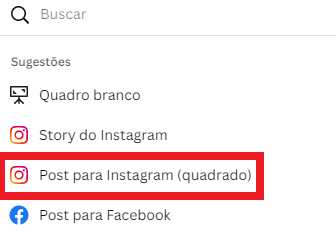 Escolhendo o modelo Post para Instagram