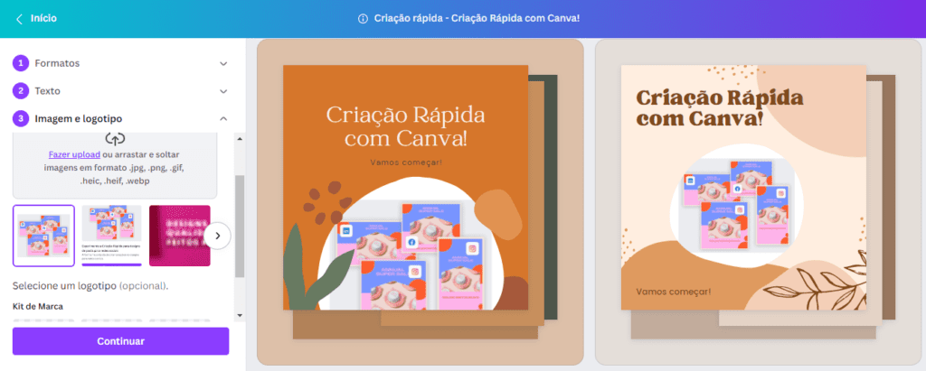 Escolhendo imagem e logotipo na criação rápida do Canva.