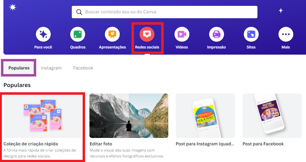 Escolhendo a coleção de criação rápida do Canva