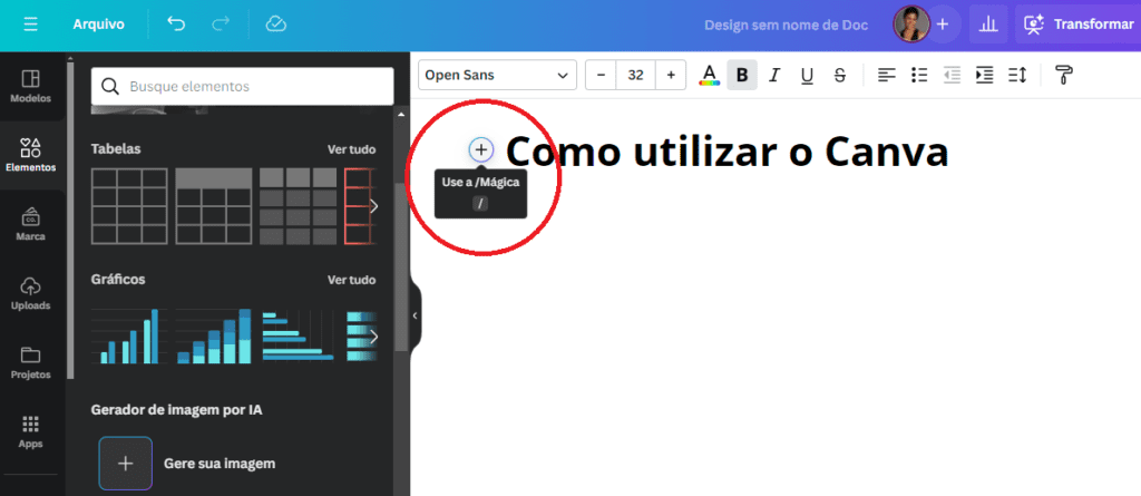 Utilizando a ferramenta texto mágico no canva