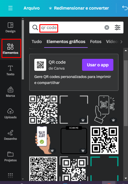 Acessando o app do QR Code no Canva