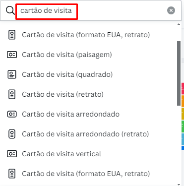 Escolhendo o formato do seu cartão de visita no Canva